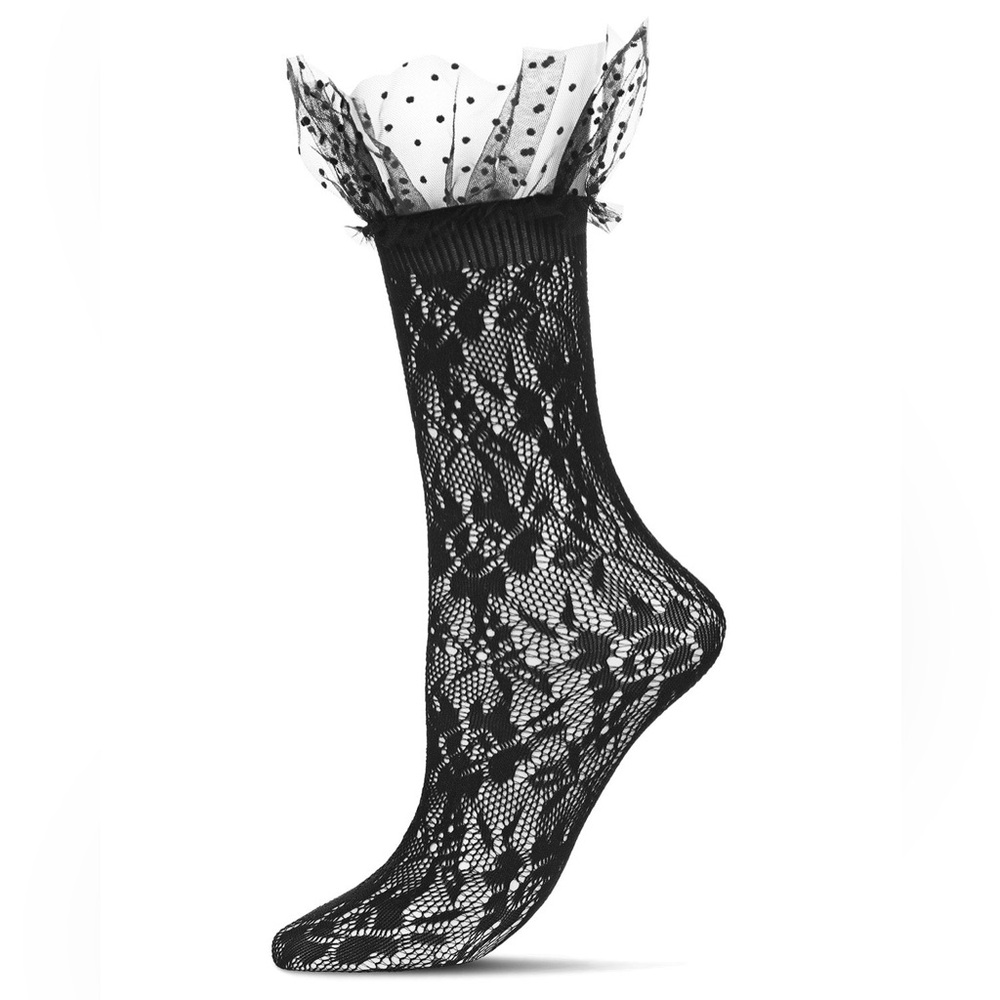 MEMOI FLORAL LACE CREW SOCKS WITH TULLE RUFFLE POLKA DOT CUFF BLACK OS NWT